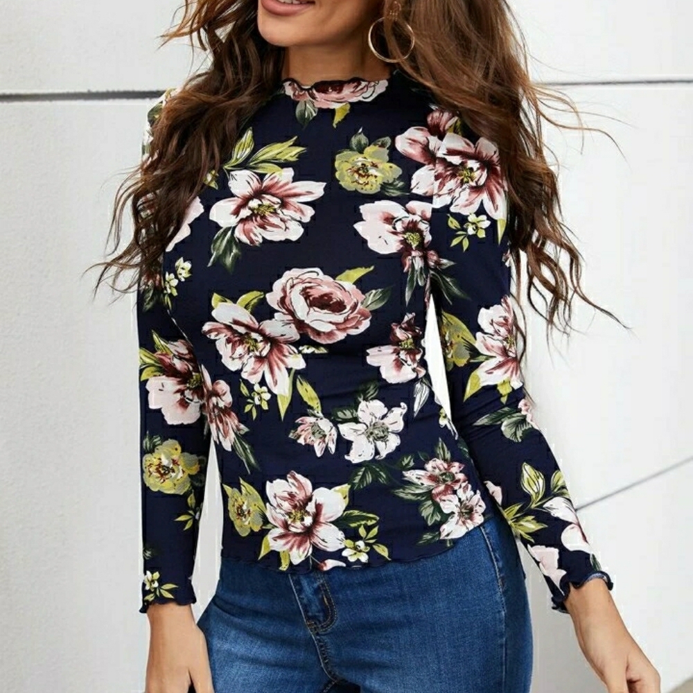 SHEIN Women's Navy Floral Long Sleeve Blouse